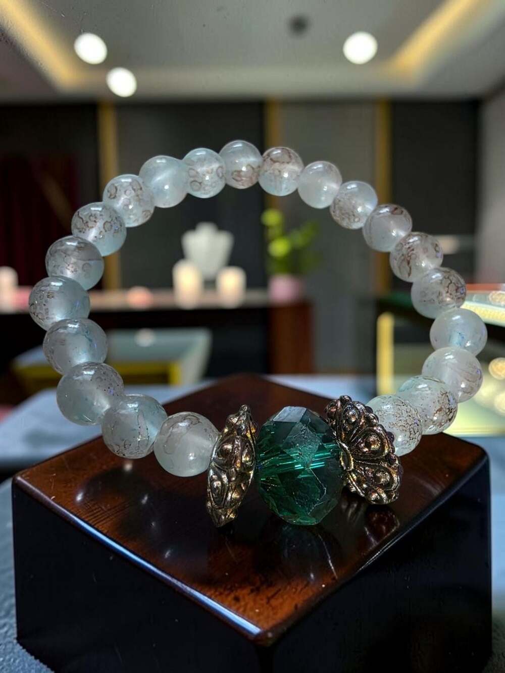 Natural Clear Quartz Crystal Bead Bracelet with Green Faceted Accent Bead and Me